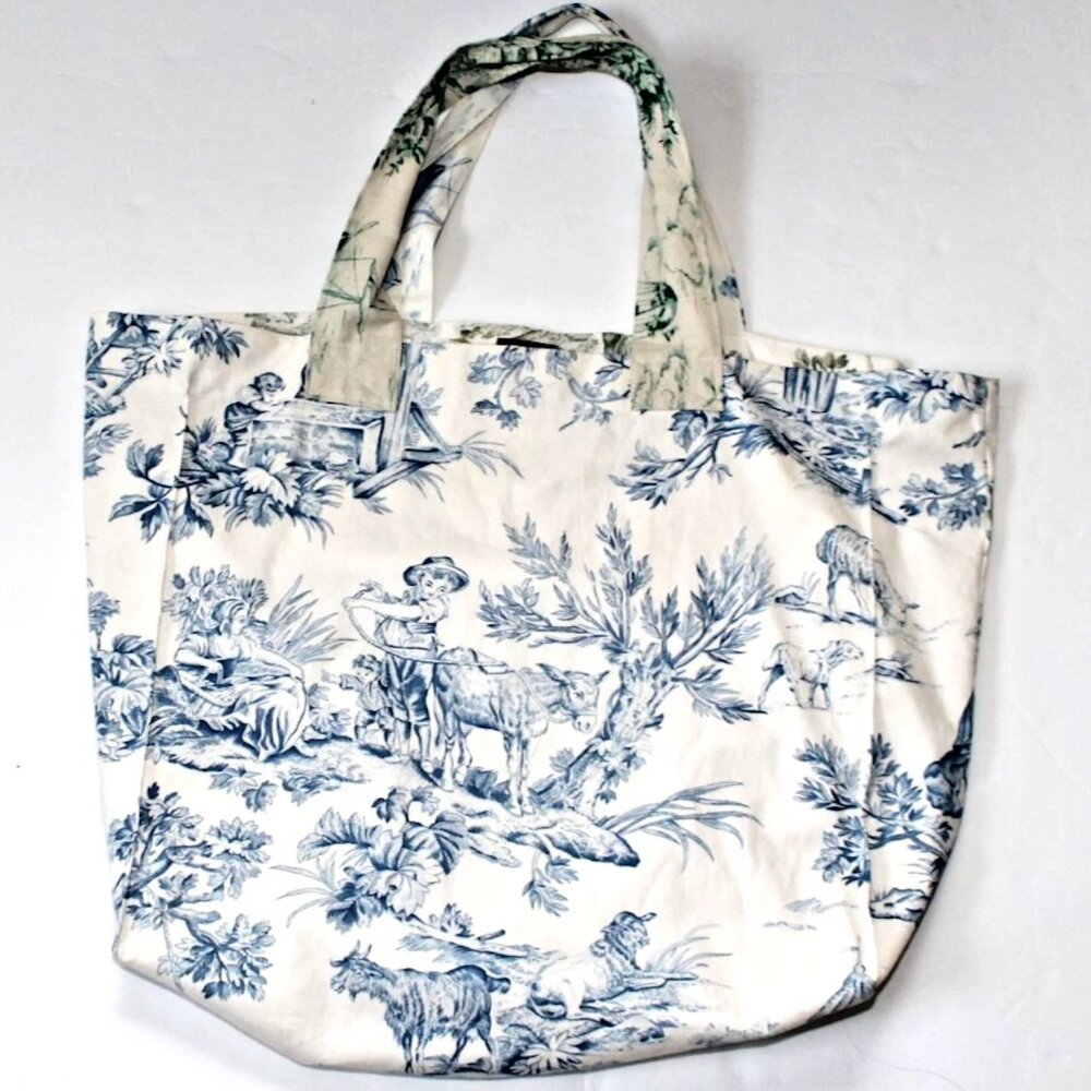 VINTAGE Handmade Toile Fabric Tote Bag Green Blue 17x20 French Country Romantic